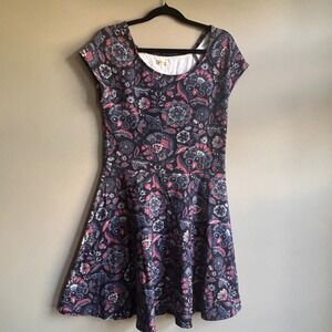 Hollister‎ Skater Dress Navy Blue Pink Floral Paisley Cap Sleeve Large L